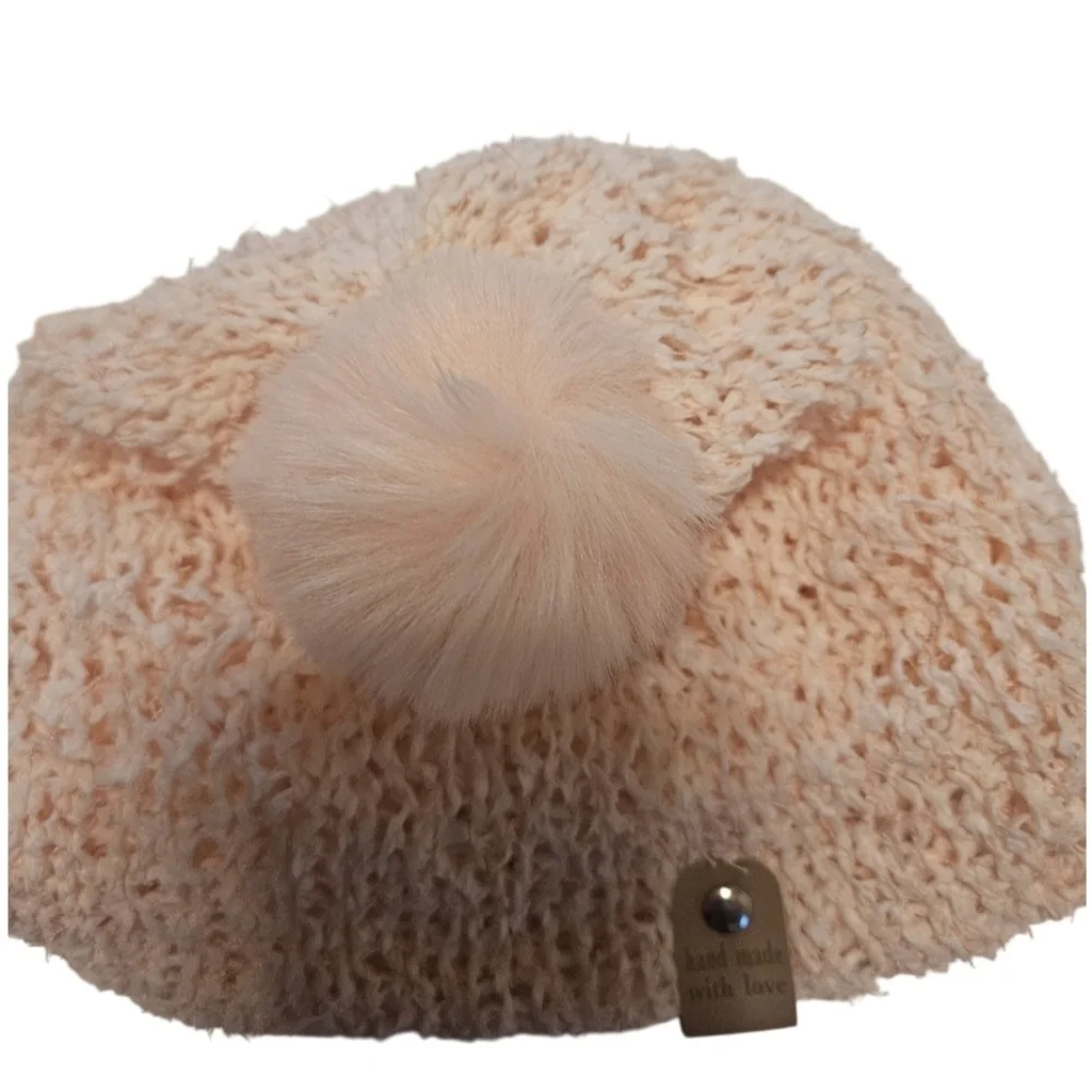 Hand Crafted Crochet pom pom beanie pink Paper Lace 73% Nylon 27% polyester soft